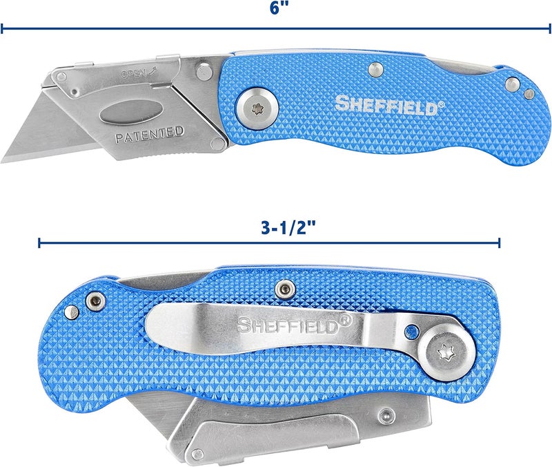 Sheffield 12514 Folding Utility Knife 3 Pack,Stocking Stuffers, Gifts for Men, Dad Gifts, Quick Change Utility Knife Blades, Compact Aluminum Handle, Box Cutter, Razor Blades Included - Image 2